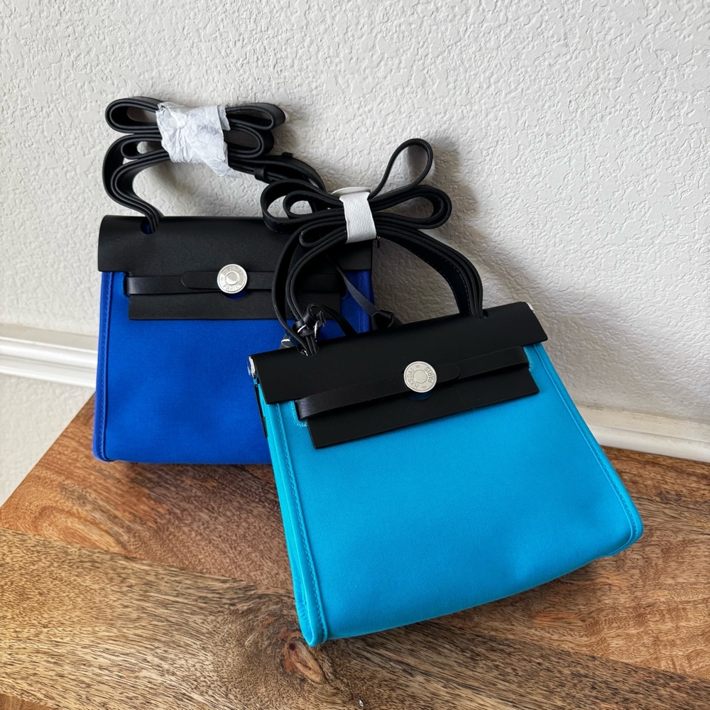 Black Blue Aqua Colorblock Mini Toile Canvas Leather Crossbody Bag Pocket S10